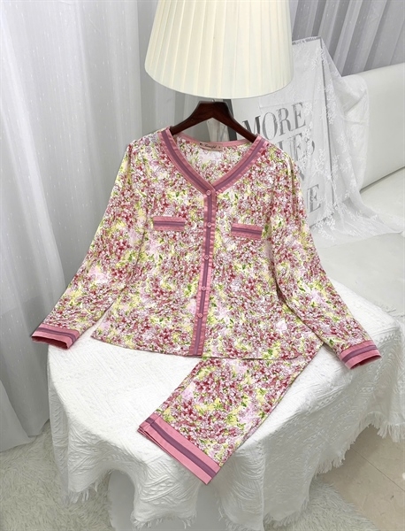 Y561F Lụa Hàn tay dài HỒNG XANH hoa nhí cổ V 2 túi