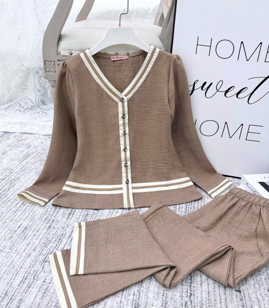Y845C Đũi tay dài NÂU cổ tim viền