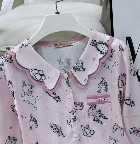 Y821E Lụa Vân tay dài HỒNG NHẠT con mèo cổ 2 tầng