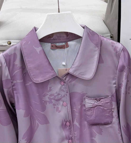Y839C Lụa Satin tay dài TÍM Loang cổ vòng