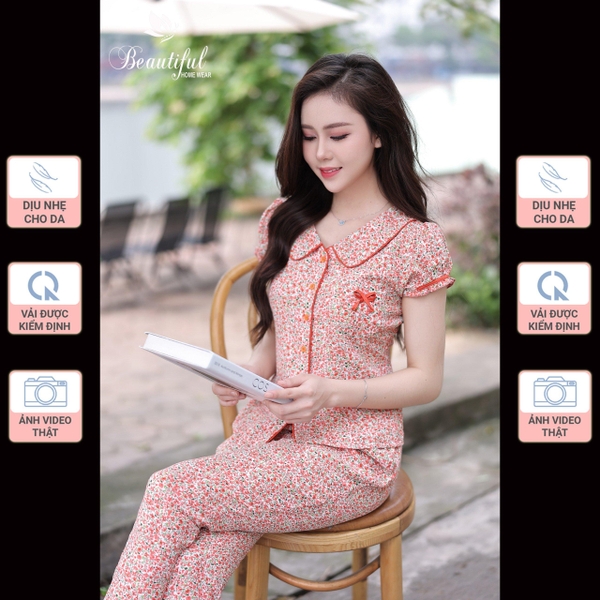 Y657E Lụa Mango tay cộc CAM hoa nhí cổ sen quần dài