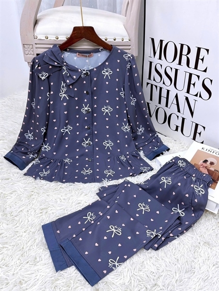 Y610B Lụa Mango tay lỡ XANH THAN nơ đính cổ tròn