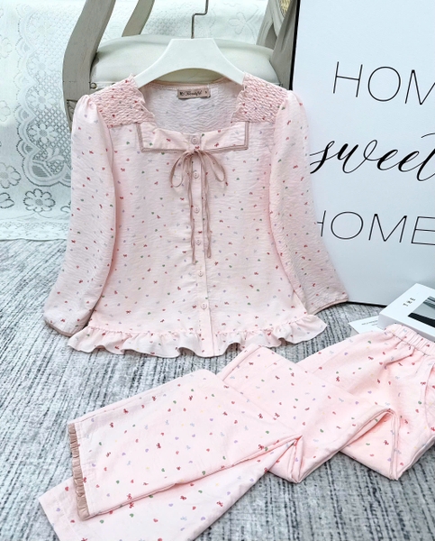 Y807K Đũi Hàn tay lỡ HỒNG tim sọc cổ vuông dây buộc