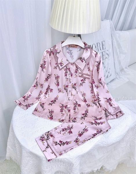 Y578D Lụa satin tay lỡ HỒNG hoa tím cổ vòng 2 tầng