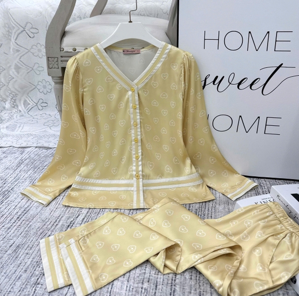Y845F Lụa satin tay dài VÀNG trái tim cổ V