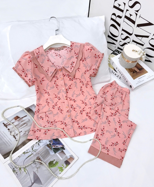 Y729A Lụa Hàn quần lỡ CAM hoa nhí cổ sen cúc