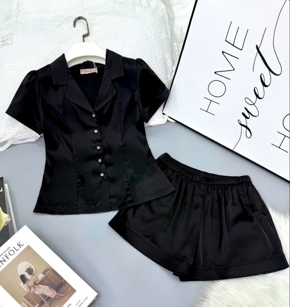Y739B Lụa Satin quần đùi ĐEN TRƠN cổ PJM