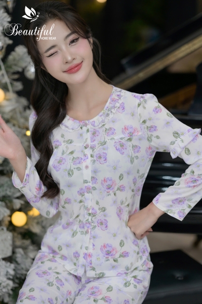 Y605A Lụa tuyết tay dài trắng hoa TÍM cổ tròn bèo ren