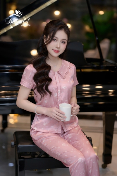 Y654B Lụa Vân tay cộc HỒNG mèo cổ lượn 2 tầng