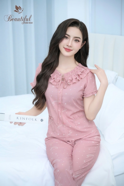 Y653G Lụa Mango quần dài HỒNG chấm sao cổ bèo
