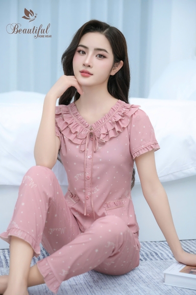 Y653G Lụa Mango quần dài HỒNG chấm sao cổ bèo