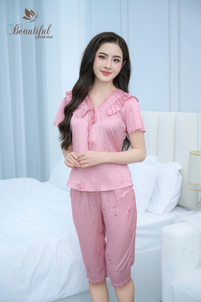 Y675B Lụa satin quần lửng HỒNG tim cổ V tết
