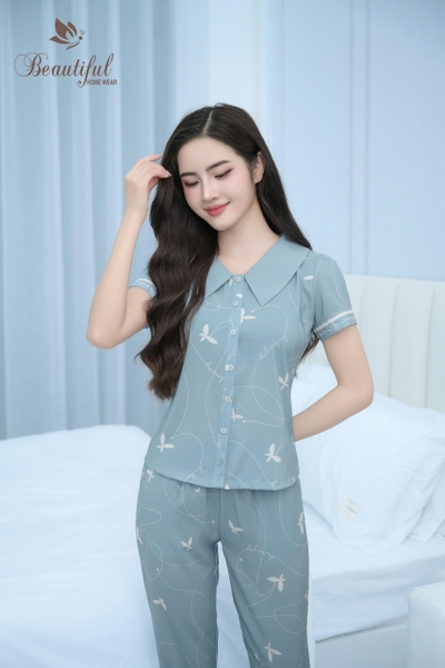 Y676B Lụa Mango quần dài XANH cổ vòng hình 4 lá