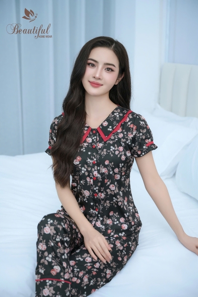 Y678B Lụa satin quần dài XANH hoa hồng cổ 2 tầng