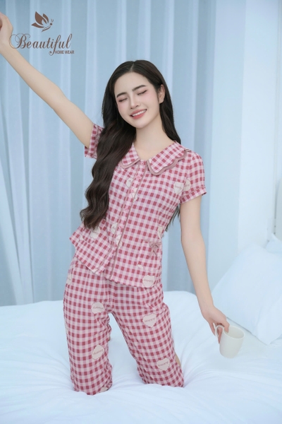 Y679A Lụa Mango Quần lỡ HỒNG kẻ đám mây cổ lượn