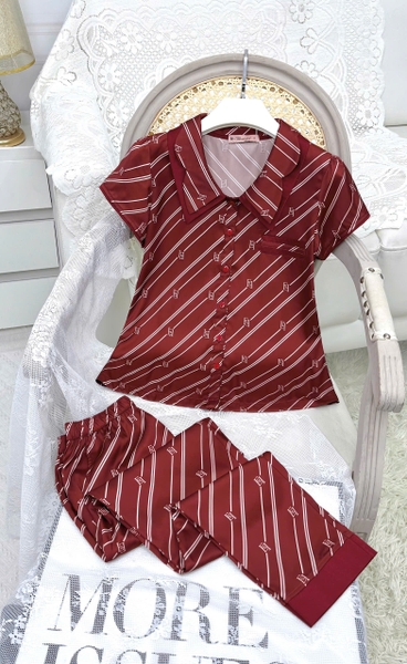 Y668B Lụa satin tay cộc ĐỎ sọc chéo cổ vòng 2 tầng