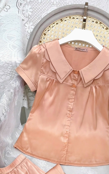 Y686C Lụa satin quần dài CAM trơn cổ 2 tầng