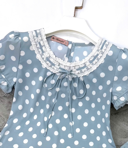 Y716B Lụa Mango quần dài XANH chấm bi cổ tròn ren