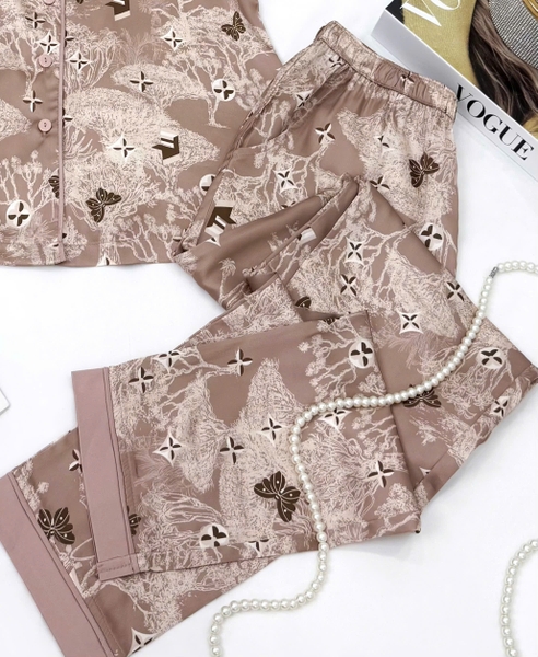Y712B Lụa satin quần dài NÂU ngôi sao cổ PJM