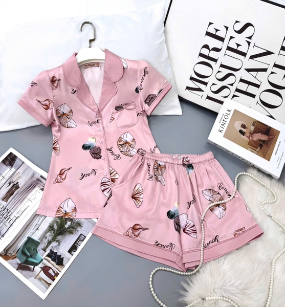 Y683E Lụa satin quần đùi HỒNG hình vỏ ốc PJM