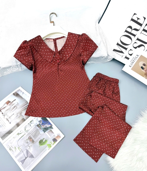 Y728B Lụa satin quần dài ĐỎ hoa nhí cổ sen cúc