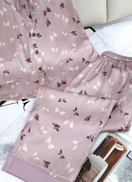 Y732A Lụa Satin quần lỡ NÂU bướm cổ 2 tầng