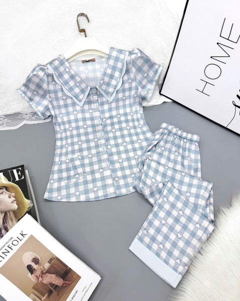 Y736A Lụa Satin quần dài XANH kẻ cổ sen W