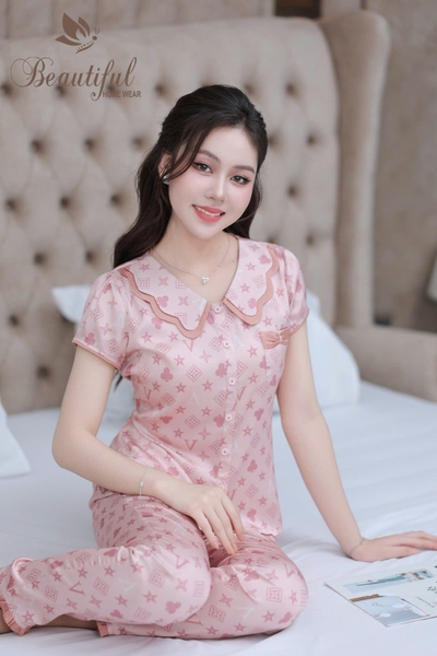 Y743A Lụa Satin quần dài HỒNG chữ V cổ lượn 2 tầng
