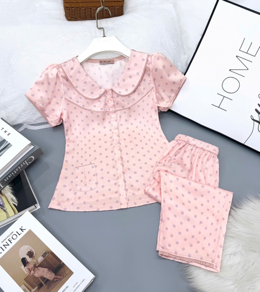 Y669D Lụa Satin quần lửng BE NHẠT chấm bi cổ sen