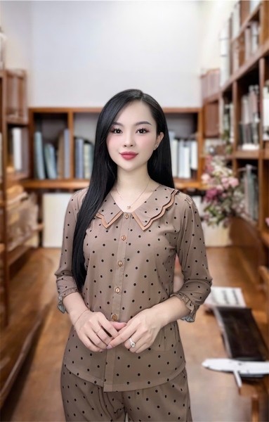 Y801A Lụa Mango tay lỡ NÂU chấm bi cổ sóng 2 lớp