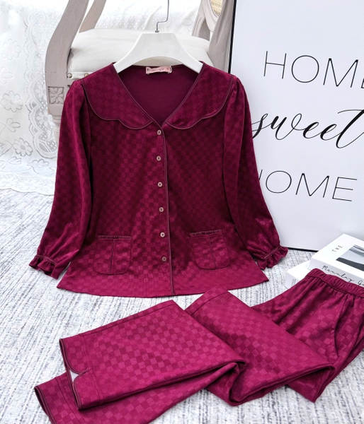 Y840C Nhung tuyết tay lỡ ĐỎ ô vuông cổ sóng