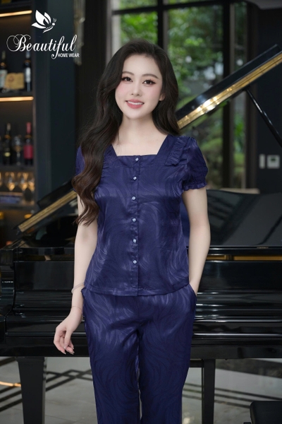 Y920E Lụa Gấm quần dài XANH THAN vân lá nơ cổ vuông