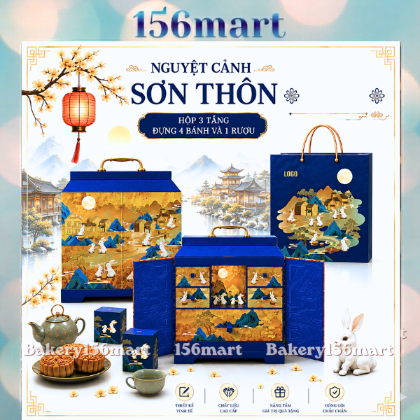 VIP - Hộp Trung Thu Cao Cấp NGUYỆT CẢNH SƠN THÔN 3 Tầng Đựng 4 Bánh Và 1 Rượu In Logo Theo Yêu Cầu