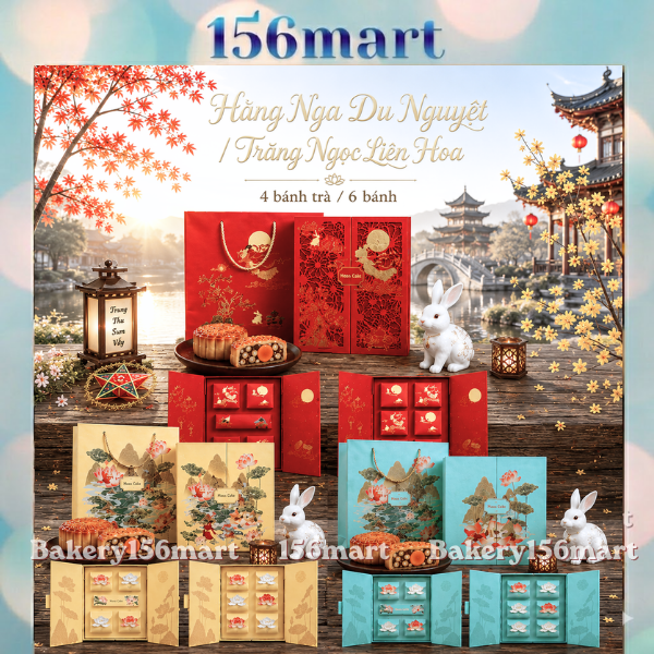 Hộp Trung thu Cứng Cao Cấp -Trăng Ngọc Liên Hoa-Hằng Nga Du Nguyệt 4 bánh trà / 6 Bánh