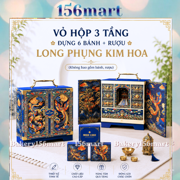 Vỏ Hộp trung thu cứng cao cấp 3 tầng  6 bánh và Rượu | Long Phụng Kim Hoa |