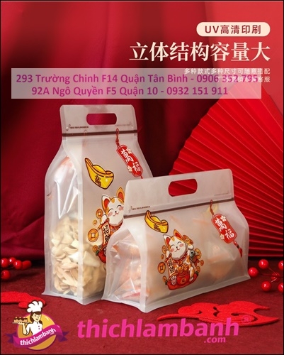 Túi zip Mèo Tài Lộc - túi Zipper trong mờ Mèo Thần Tài đựng bánh kẹo