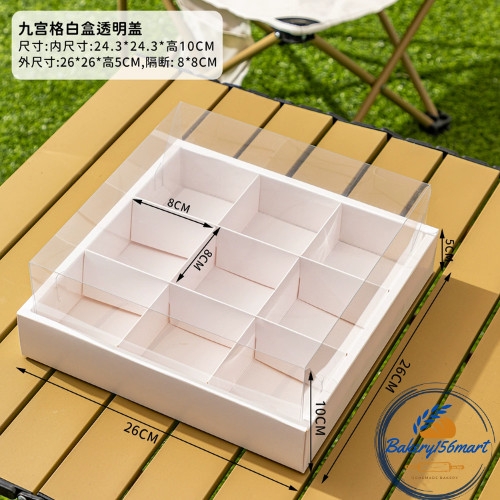 Set Hộp Giấy Trắng 9 Ngăn Nắp Nhựa Trong Mica Đựng Bánh Ngọt Mix, Bánh Kem, Cupcake -156mart