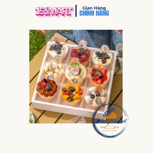 Set Hộp Giấy Trắng 9 Ngăn Nắp Nhựa Trong Mica Đựng Bánh Ngọt Mix, Bánh Kem, Cupcake -156mart