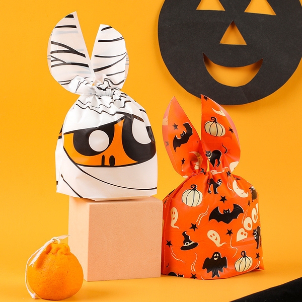 Set Túi Quà Tai Thỏ Halloween - Túi Bao Bì Bánh Quy Kẹo - Họa Tiết Dơi Zombie Bí Ngô