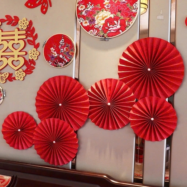 Set 6 quạt tròn đỏ treo trang trí  quà tết, decor ý nghĩa may mắn đầy đủ