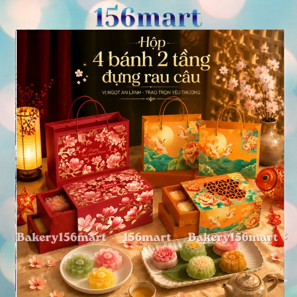 5-10 Hộp Trung Thu 4 Bánh VÂN HOA 2 Tầng, Đựng Bánh 150gr - 250gr, Đựng Bánh Rau Câu (Mẫu Mới 2026)