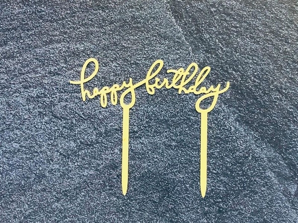 Topper mica HPBD chữ nhỏ vàng 2 que