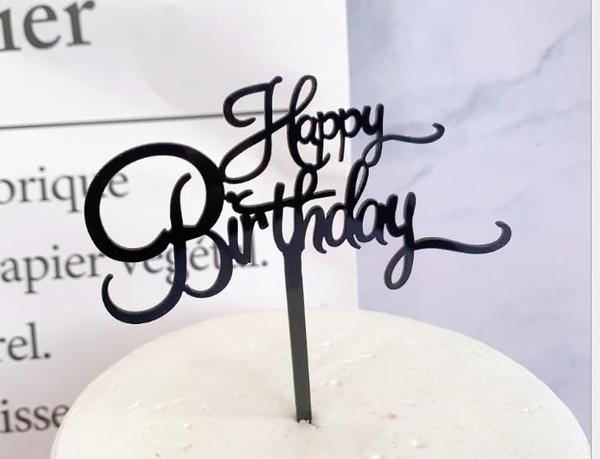 Topper mica HPBD chữ hoa nét nhỏ gạch dưới ĐEN