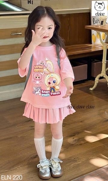 Bộ cotton hồng Baby Three Pony áo mix chân váy xếp ly hãng Elaine