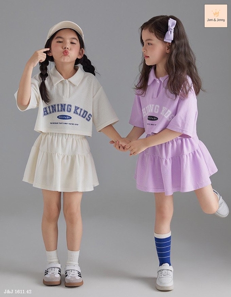 Bộ Jam&Jenny áo polo babytee và chân váy xoè Shining Kids 2 màu tím và trắng bé gái