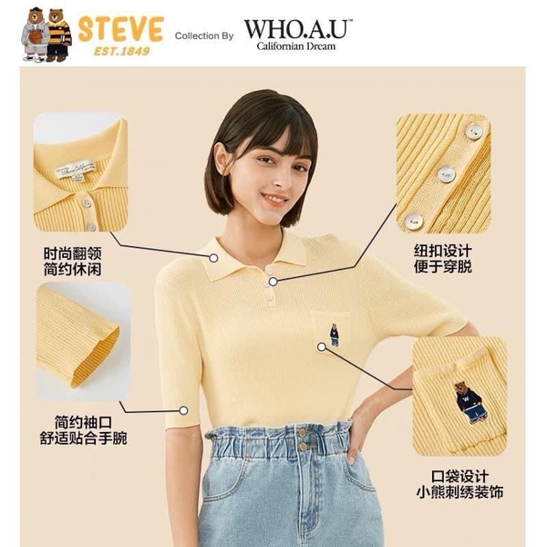 Áo len mỏng thêu gấu WHO.A.U tay lửng 5 màu
