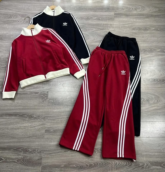 Bộ nỉ kéo khoá Adidas đỏ, đen dài tay cho nữ