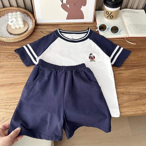 Bộ cotton gấu Kacady áo phông raglan phối kẻ 2 màu navy, ghi xám