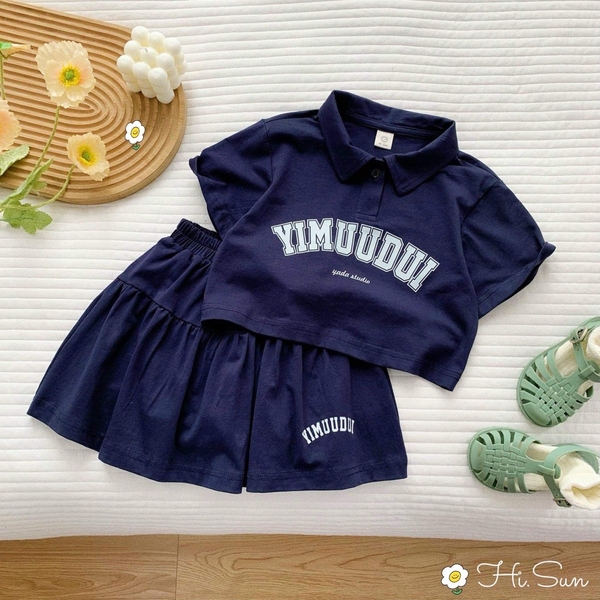 Set áo polo và chân váy xanh navy Hi.Sun cho bé gái
