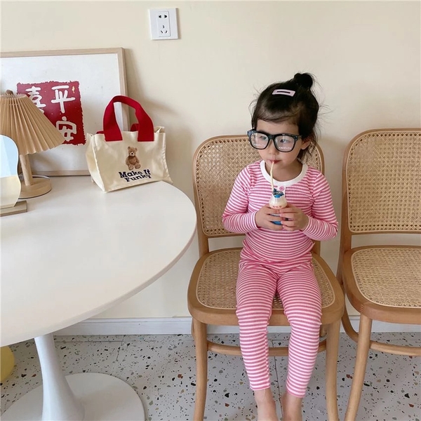 Bộ dài tay kẻ ngang 3 cúc 5 màu hồng, tím, vàng, xanh, đen